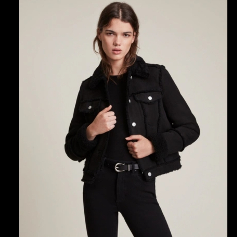 All Saints Kingsley Sherling Trucker Biker Jacket Black Size Small